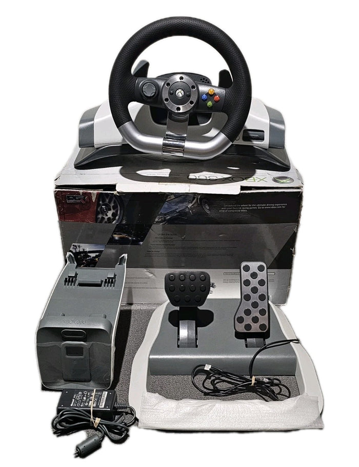 Xbox 360 Wireless Racing Wheel with Pedals & Power Supply + Box – Tested Working | Retro Exchange