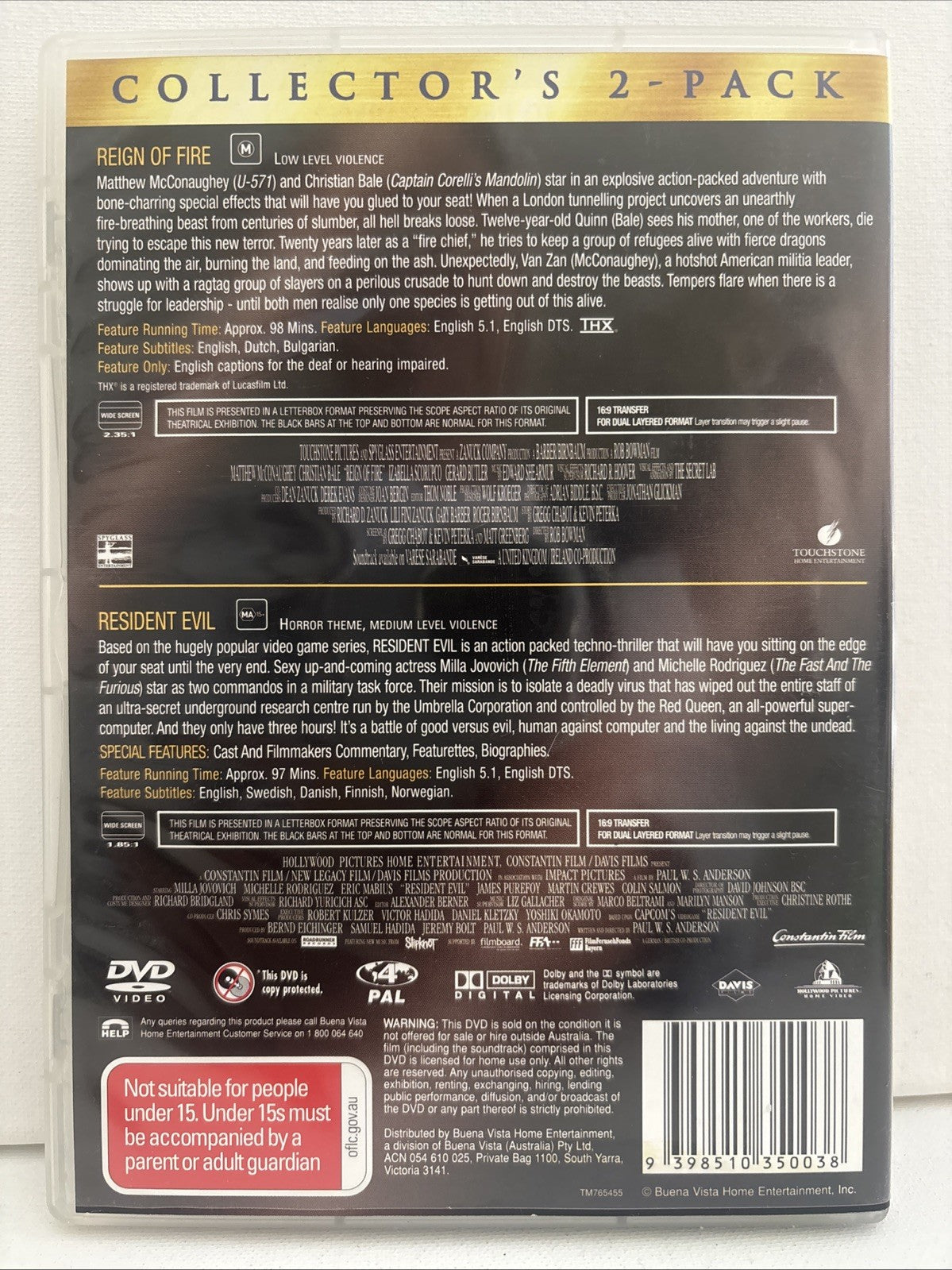 Collectors 2 Pack Reign Of Fire And Resident Evil Horror Region 4 DVD RetroExchange Australia