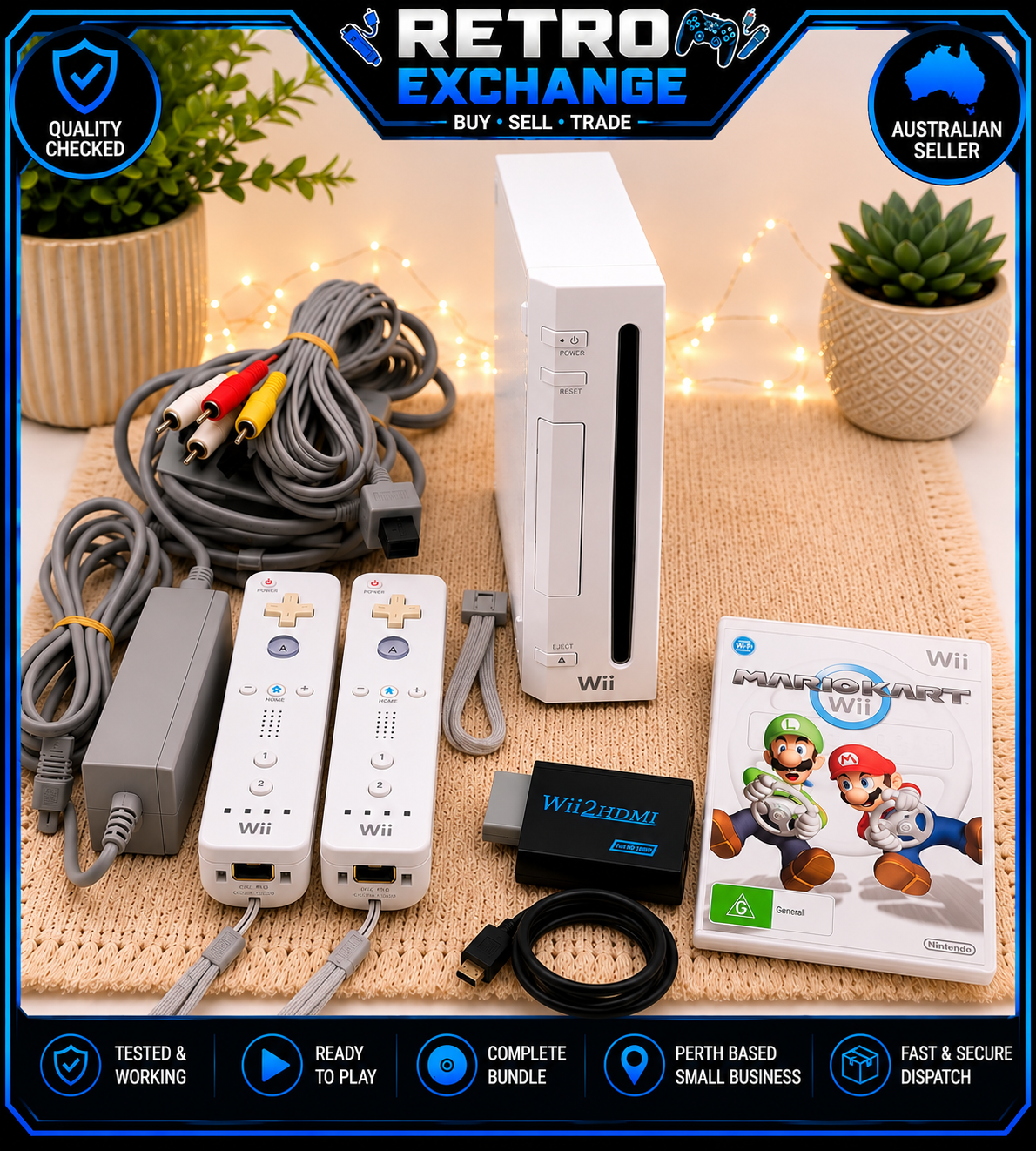 Nintendo Wii Console Bundle | 2 Controllers And Wheels | HDMI Adaptor Mario Kart