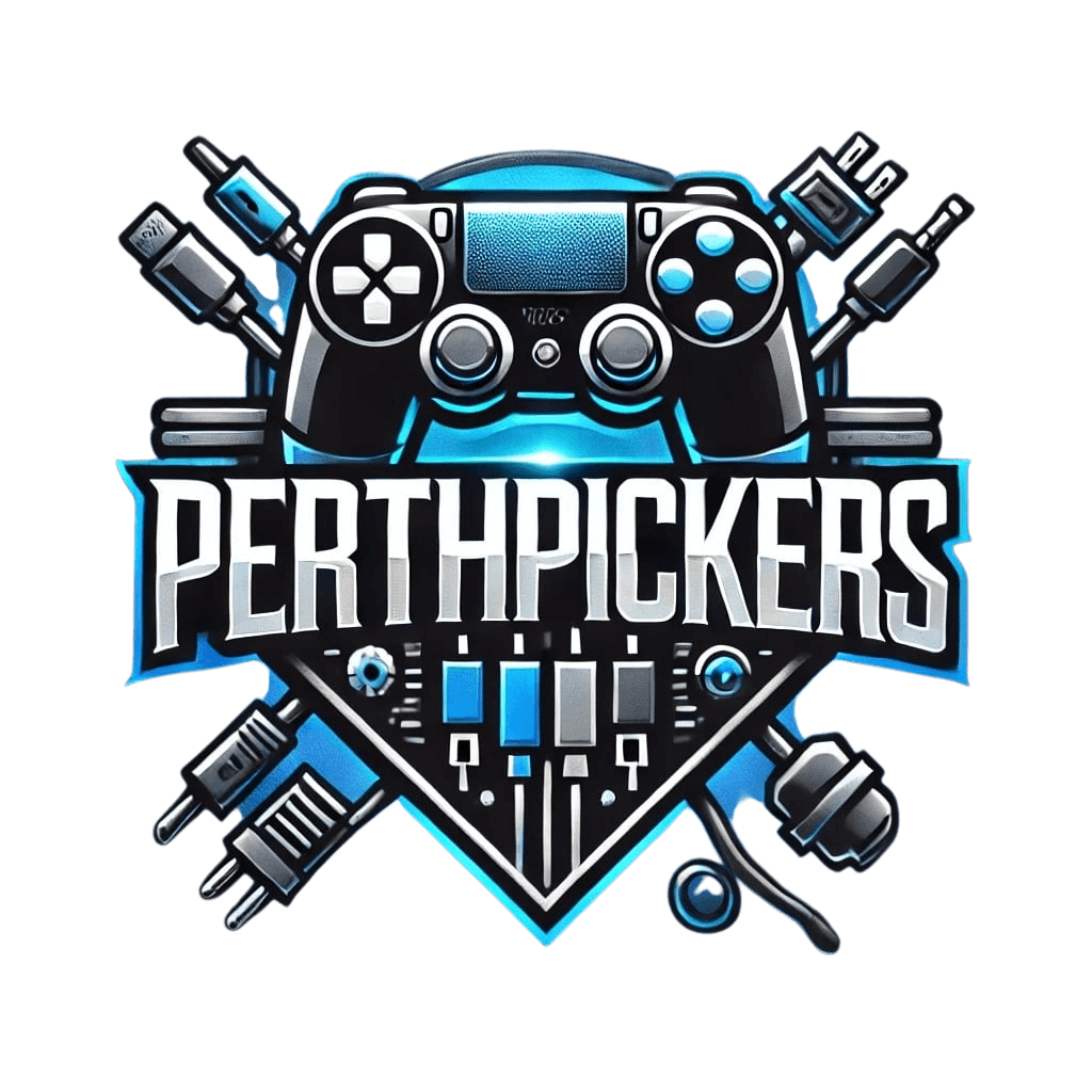 Perth Pickers logo featuring gaming controller and cables – brand identity for second-hand gaming and tech Perth
