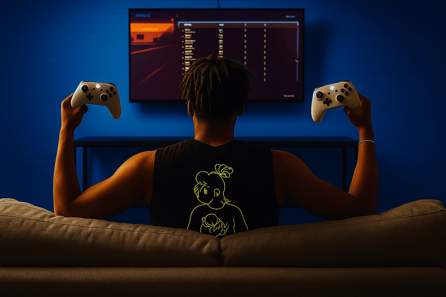 Person holding two gaming controllers in front of TV – second-hand gaming consoles Perth Pickers.