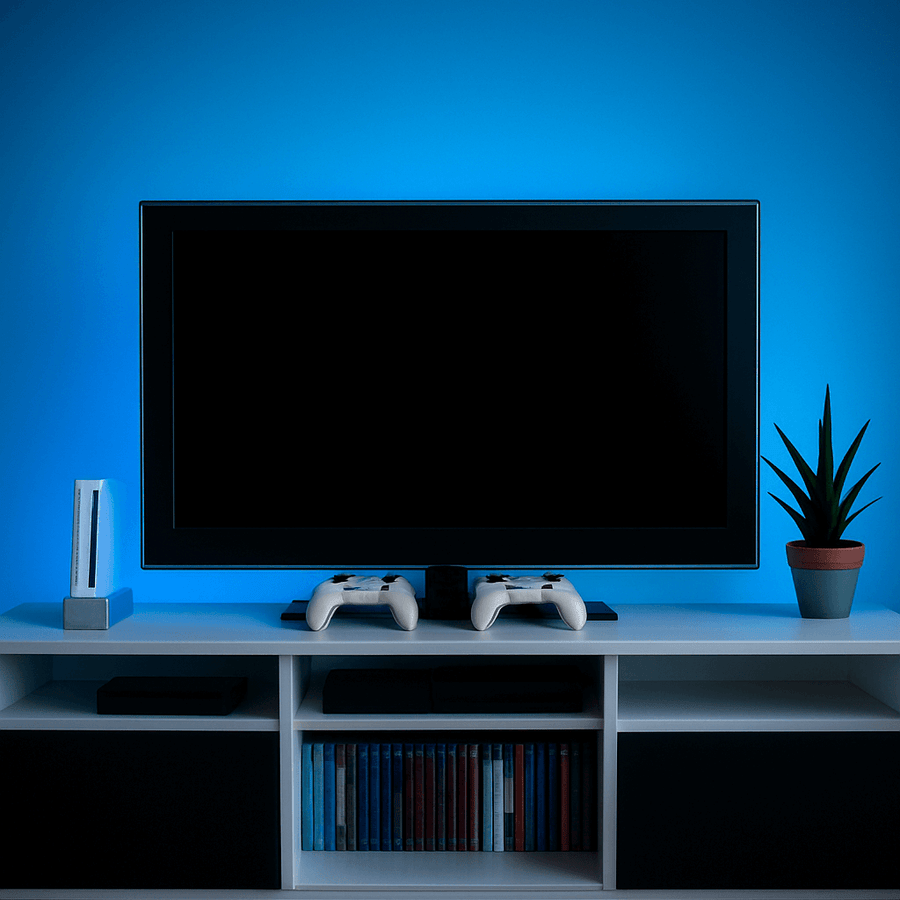 TV entertainment setup with gaming consoles and controllers – buy used consoles Perth Pickers.